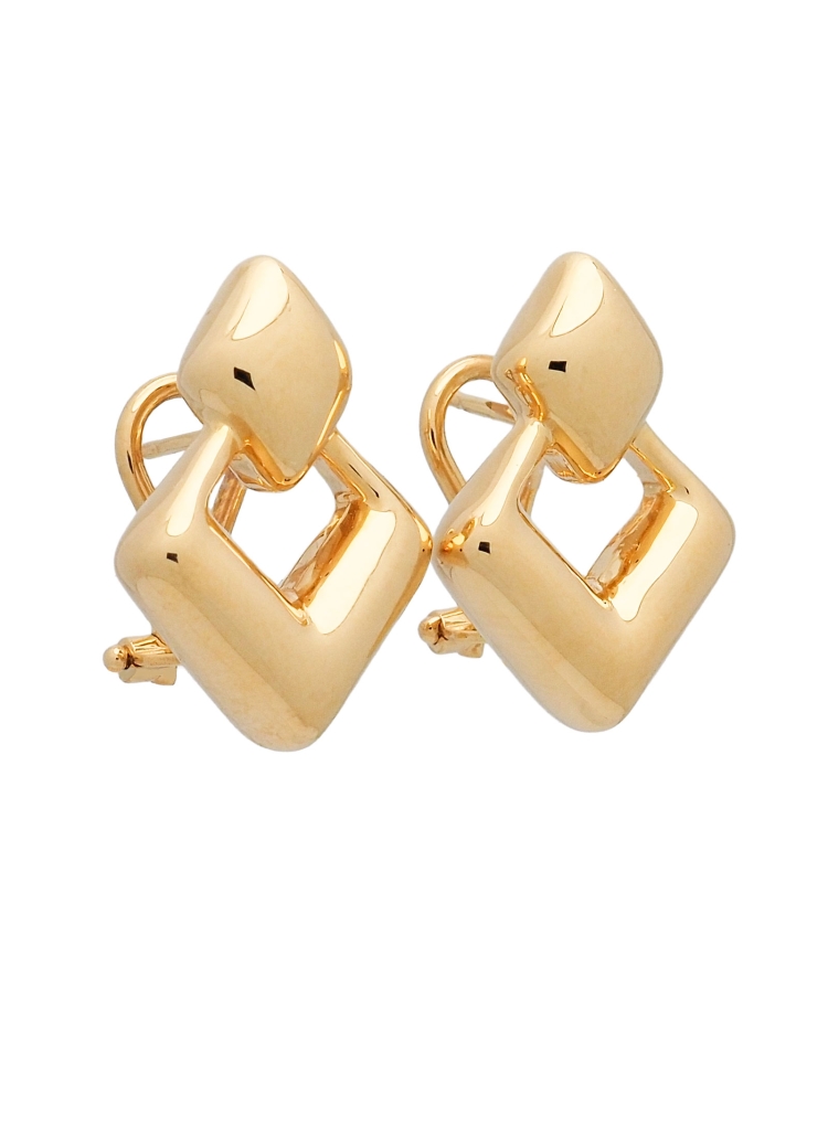 Pendientes huecos de oro de 18Kt de 2 formas romboidales una pequeña dentro de otra mayor. Con cierre omega.