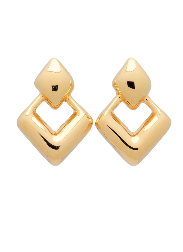 Pendientes huecos de oro de 18Kt de 2 formas romboidales una pequeña dentro de otra mayor. Con cierre omega.