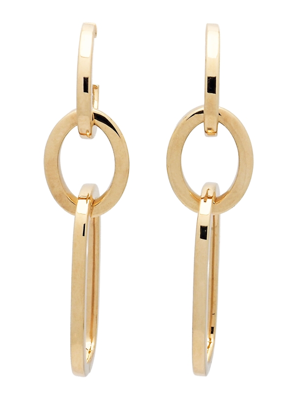 Pendientes ligeros, largos (45mm) de oro amarillo de 18Kt. Criolla de la que pende un ovalo y una forma rectangular de contornos