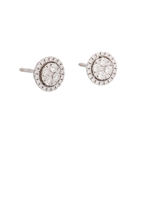 Pendientes de oro blanco de 18Kt. Motivo circular central formado por varios diamantes talla brillante, rodeados de una fina orl