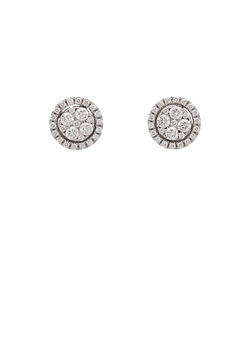 Pendientes de oro blanco de 18Kt. Motivo circular central formado por varios diamantes talla brillante, rodeados de una fina orl