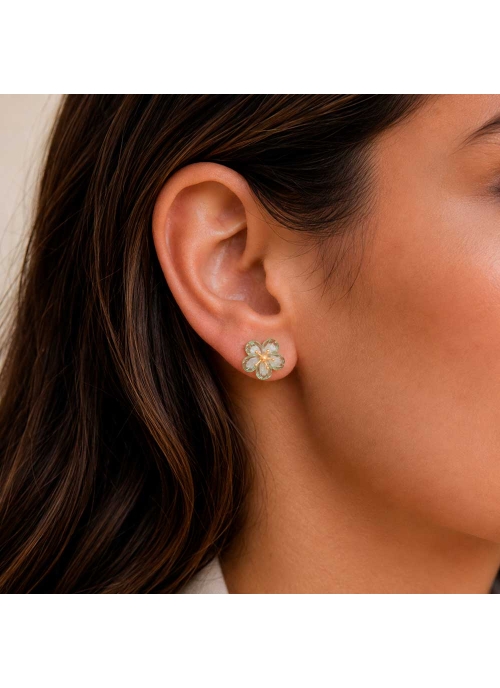 Originales y exclusivos pendientes de prasiolitas naturales de calidad extraordinaria en forma de flor, con base de oro rosa de 