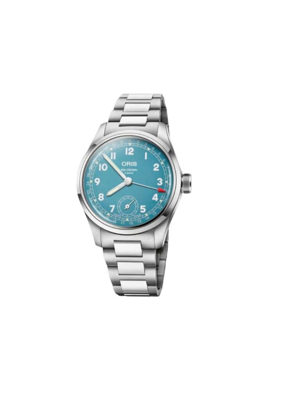 Esta edición de acero inoxidable de 38,00 mm de nuestro icónico Big Crown Pointer Date con una esfera verde azulada claro, un mo
