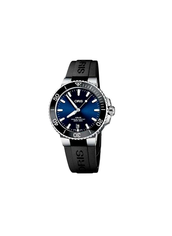 El Oris Aquis Date es un reloj de movimiento automático con reserva de marcha de 38h en caja de acero de 39,50 mm, esfera en col