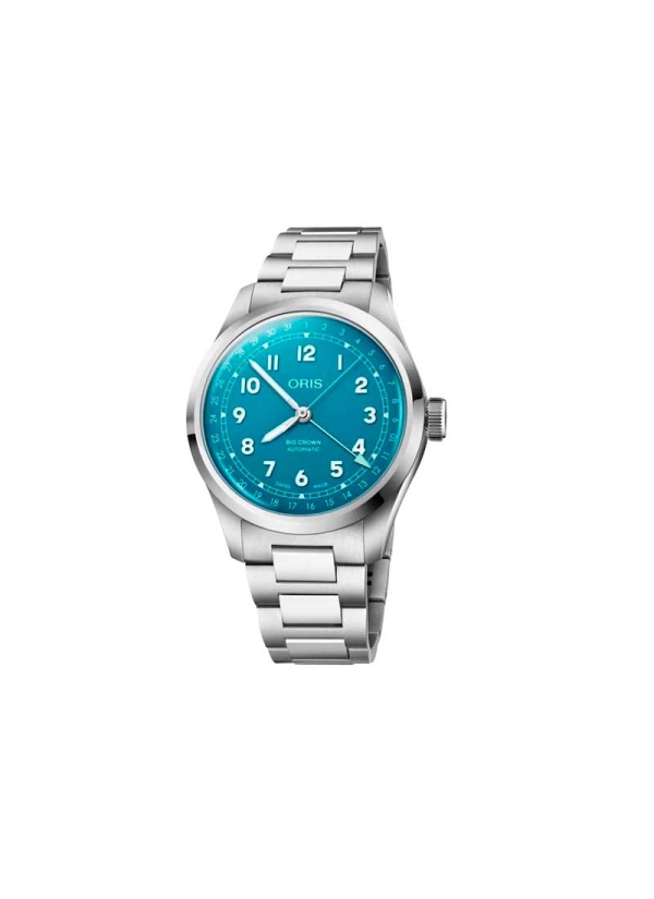 Reloj automático en caja de acero de 40mm con reserva de marcha de hasta 41h, esfera azul turquesa y brazalete de acero.