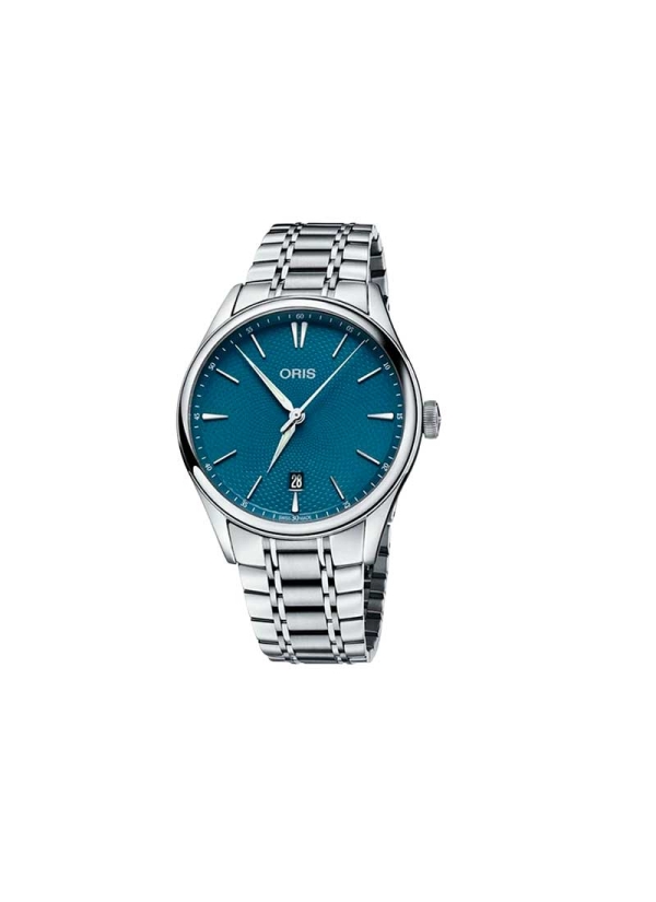 El Oris Artelier Date es un reloj automático con reserva de marcha de 38h en caja de acero de 40 mm con esfera guilloquis azul, 