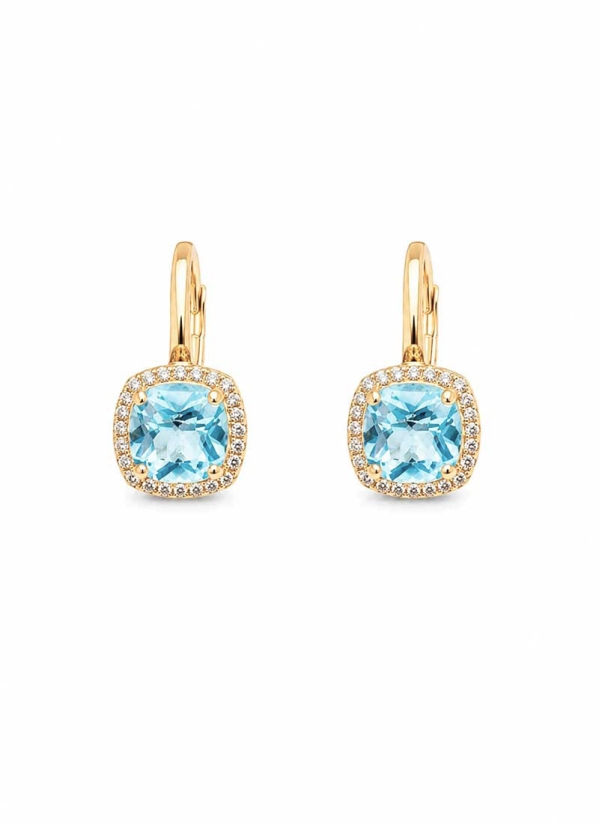 Pendientes de oro amarillo de 18Kt, con sistema de ballestilla. Orlas cuadrangulares compuestas por un cojín de topacio rodeado 
