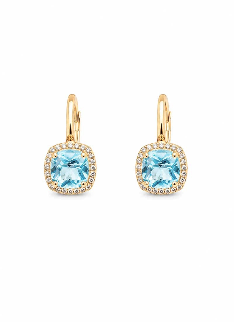 Pendientes de oro amarillo de 18Kt, con sistema de ballestilla. Orlas cuadrangulares compuestas por un cojín de topacio rodeado 