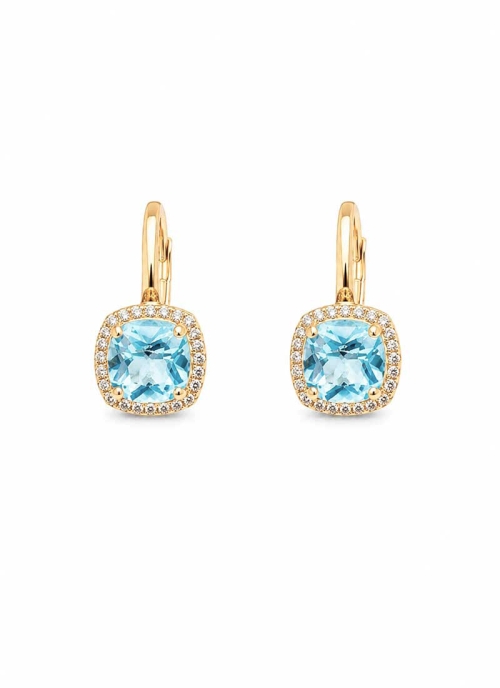 Pendientes de oro amarillo de 18Kt, con sistema de ballestilla. Orlas cuadrangulares compuestas por un cojín de topacio rodeado 