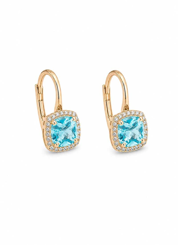 Pendientes de oro amarillo de 18Kt, con sistema de ballestilla. Orlas cuadrangulares compuestas por un cojín de topacio rodeado 