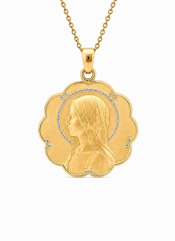 Medalla de oro de 18Kt. Ave velo con borde ondulado de 27mm de diámetro. Lleva 45 brillantes (0,65-0,70mm) en el velo y 10  bril