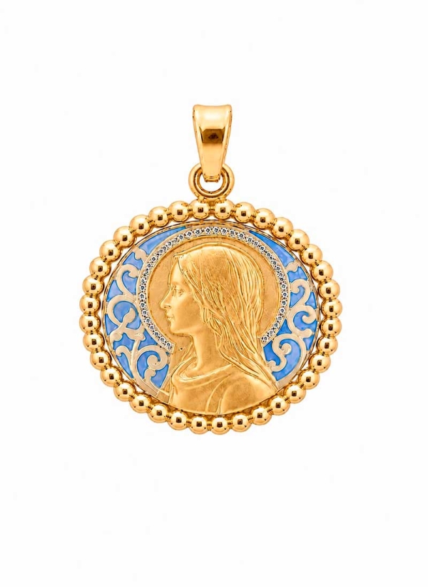 Medalla de oro de 18Kt. Ave velo de 22mm calada, con esmalte azul vitral y 39 pequeños brillantes (0,65-0,70mm) en el velo, con 