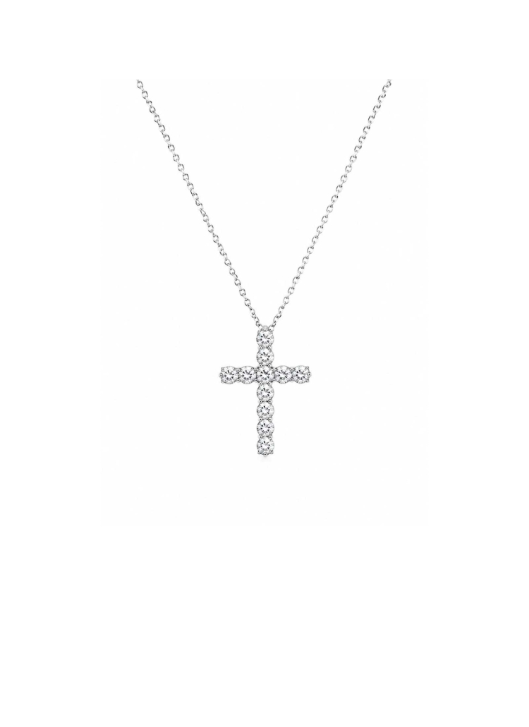 Cruz de oro blanco de 18Kt, hecha a mano. Lleva 11 diamantes talla brillante de 4,00-4,05mm de diámetro, certificados, cada uno 