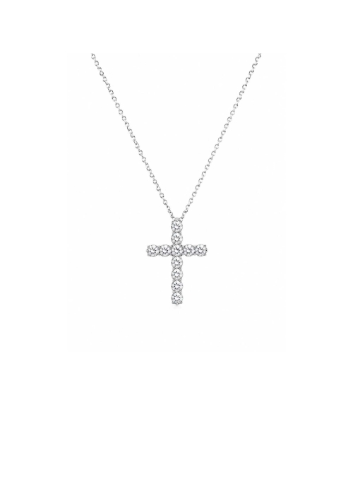 Cruz de oro blanco de 18Kt, hecha a mano. Lleva 11 diamantes talla brillante de 4,00-4,05mm de diámetro, certificados, cada uno 