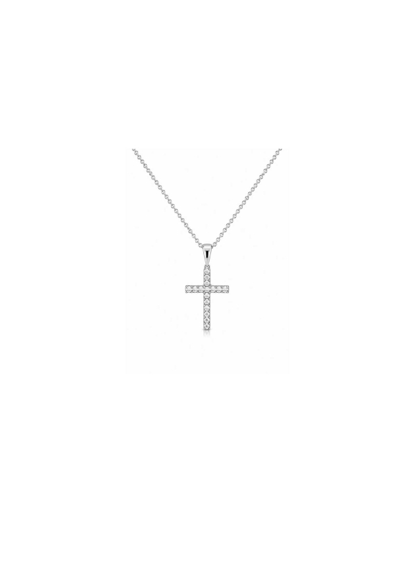 Fina cruz de oro blanco de 18Kt, de 14mm de largo con pequeños diamantes de talla brillante con un peso total de 0,04ct. (Con ca