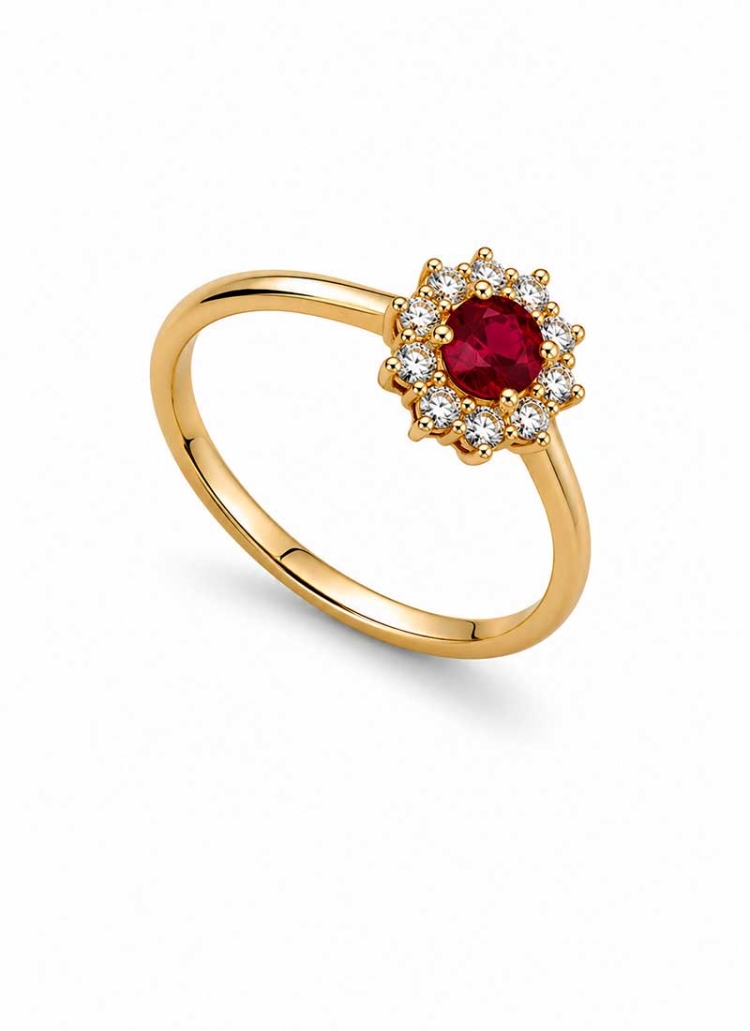 Orla de oro amarillo de 18Kt, con un rubí talla oval de 0,21ct, rodeado por 10 diamantes talla brillante con un peso total de 0,