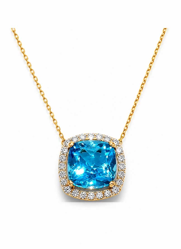 Cadena con colgante de oro amarillo de 18Kt. Colgante cuadrangular con topacio azul de 3,26ct. Rodeado por una fina orla de diam