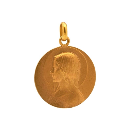 Medalla de oro amarillo de 18k con imagen de la Virgen Niña con velo